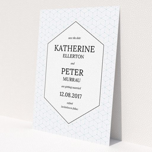 A wedding save the date card named 'Geometric grid'. It is an A6 card in a portrait orientation. 'Geometric grid' is available as a flat card, with tones of blue and white.