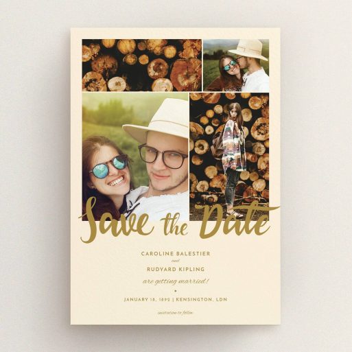 A wedding save the date card named "Gold Fountain Pen Typography". It is an A5 card in a portrait orientation. It is a photographic wedding save the date card with room for 3 photos. "Gold Fountain Pen Typography" is available as a flat card, with tones of cream and dark gold.