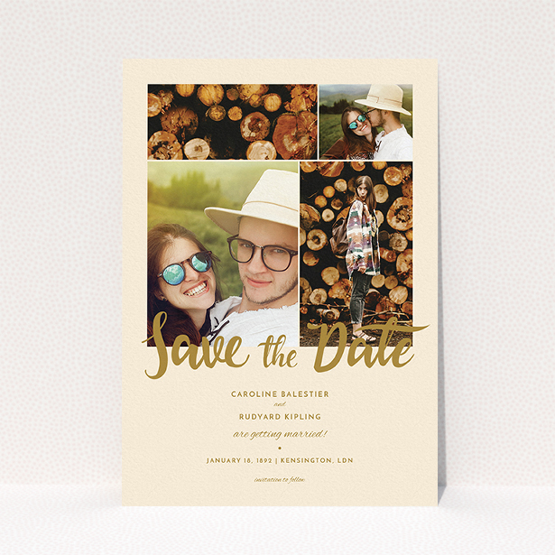 A wedding save the date card named "Gold Fountain Pen Typography". It is an A5 card in a portrait orientation. It is a photographic wedding save the date card with room for 3 photos. "Gold Fountain Pen Typography" is available as a flat card, with tones of cream and dark gold.