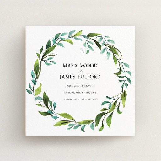 Wedding Save The Date Card Design - "Greek Wreath" A wedding save the date card design named "Greek Wreath". It is a square (148mm x 148mm) card in a square orientation. "Greek Wreath" is available as a flat card, with tones of blue and green.