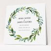 A wedding save the date card design named "Greek Wreath". It is a square (148mm x 148mm) card in a square orientation. "Greek Wreath" is available as a flat card, with tones of blue and green.