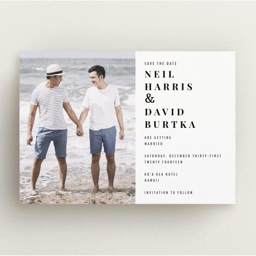 A wedding save the date card called "Half full". It is an A5 card in a landscape orientation. It is a photographic wedding save the date card with room for 1 photo. "Half full" is available as a flat card, with mainly white colouring.