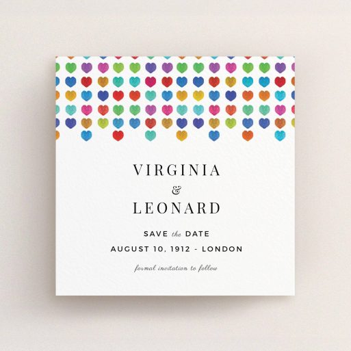 A wedding save the date card design called "Heart cascade". It is a square (148mm x 148mm) card in a square orientation. "Heart cascade" is available as a flat card, with tones of white, orange and red.