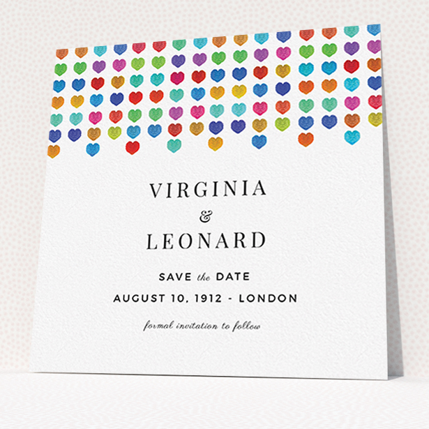 A wedding save the date card design called "Heart cascade". It is a square (148mm x 148mm) card in a square orientation. "Heart cascade" is available as a flat card, with tones of white, orange and red.