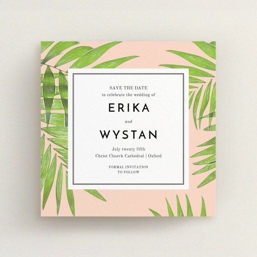 A wedding save the date card called "In the courtyard". It is a square (148mm x 148mm) card in a square orientation. "In the courtyard" is available as a flat card, with tones of green and pink.