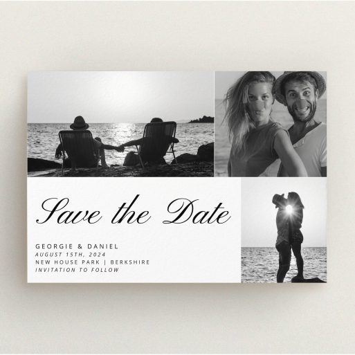 A wedding save the date card design named "Italicised". It is an A5 card in a landscape orientation. It is a photographic wedding save the date card with room for 3 photos. "Italicised" is available as a flat card, with mainly white colouring.
