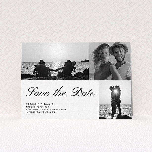 A wedding save the date card design named "Italicised". It is an A5 card in a landscape orientation. It is a photographic wedding save the date card with room for 3 photos. "Italicised" is available as a flat card, with mainly white colouring.