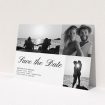 A wedding save the date card design named "Italicised". It is an A5 card in a landscape orientation. It is a photographic wedding save the date card with room for 3 photos. "Italicised" is available as a flat card, with mainly white colouring.