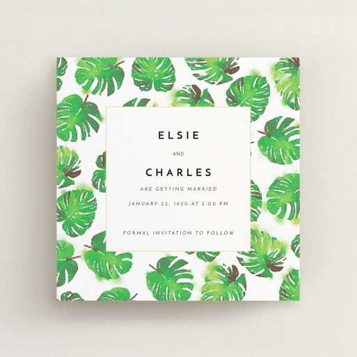 A wedding save the date card template titled "Jungle Sky". It is a square (148mm x 148mm) card in a square orientation. "Jungle Sky" is available as a flat card, with tones of green and white.