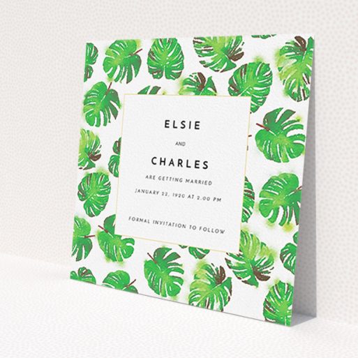 A wedding save the date card template titled 'Jungle Sky'. It is a square (148mm x 148mm) card in a square orientation. 'Jungle Sky' is available as a flat card, with tones of green and white.