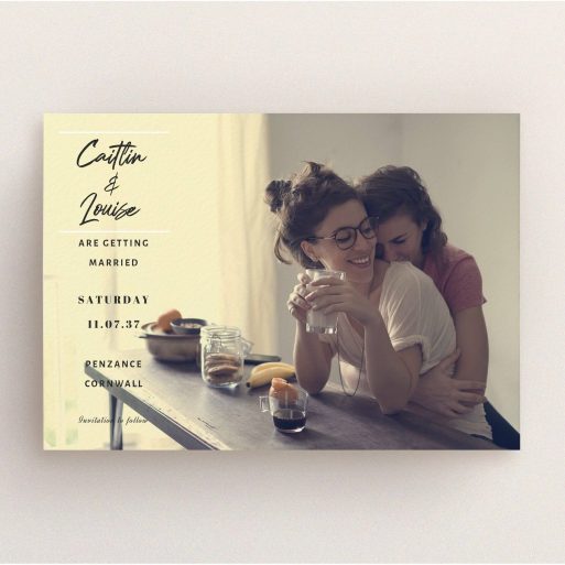 A wedding save the date card design titled "Just us landscape". It is an A5 card in a landscape orientation. It is a photographic wedding save the date card with room for 1 photo. "Just us landscape" is available as a flat card, with mainly white colouring.