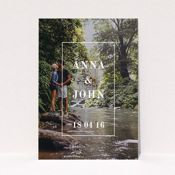 A wedding save the date card named "Just us portrait". It is an A5 card in a portrait orientation. It is a photographic wedding save the date card with room for 1 photo. "Just us portrait" is available as a flat card, with mainly white colouring.