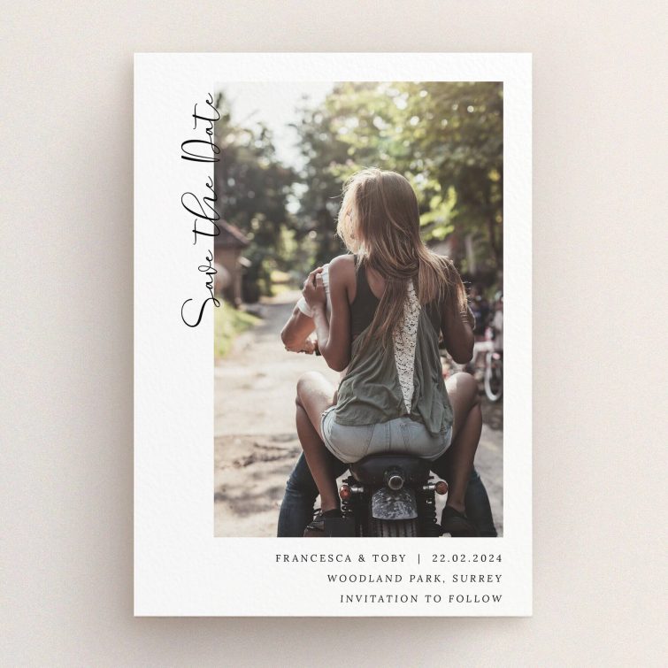 A wedding save the date card design named "Koh Tao". It is an A5 card in a portrait orientation. It is a photographic wedding save the date card with room for 1 photo. "Koh Tao" is available as a flat card, with mainly white colouring.
