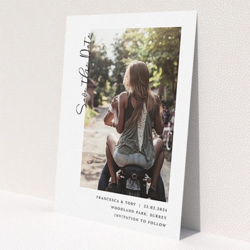 A wedding save the date card design named 'Koh Tao'. It is an A5 card in a portrait orientation. It is a photographic wedding save the date card with room for 1 photo. 'Koh Tao' is available as a flat card, with mainly white colouring.