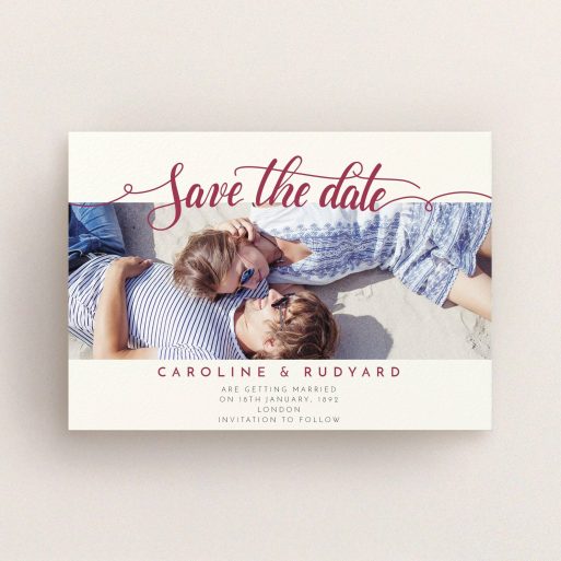 A wedding save the date card design called "Landscape Curly Typography". It is an A6 card in a landscape orientation. It is a photographic wedding save the date card with room for 1 photo. "Landscape Curly Typography" is available as a flat card, with tones of pale cream and red.