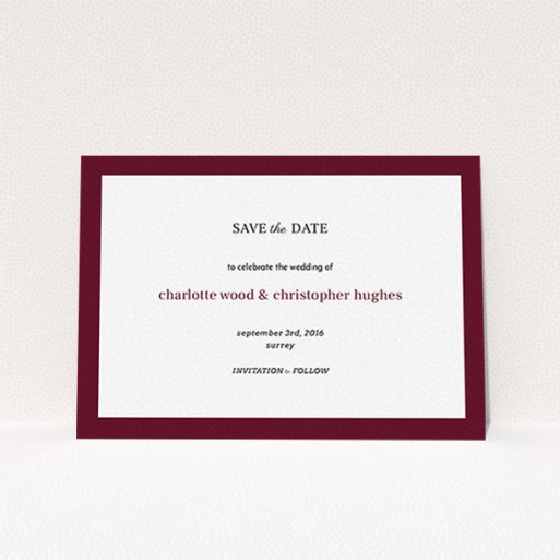 A wedding save the date card template titled "Laydown simple". It is an A6 card in a landscape orientation. "Laydown simple" is available as a flat card, with tones of burgundy and white.