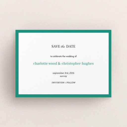 A wedding save the date card called "Laydown simple". It is an A6 card in a landscape orientation. "Laydown simple" is available as a flat card, with tones of green and white.