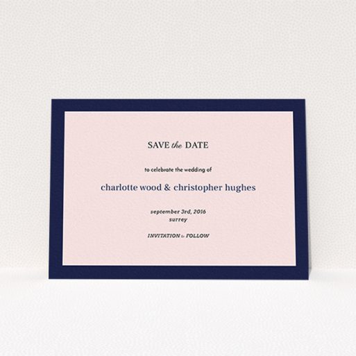 A wedding save the date card design named "Laydown simple". It is an A6 card in a landscape orientation. "Laydown simple" is available as a flat card, with tones of pink and navy blue.
