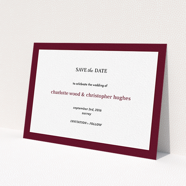 A wedding save the date card template titled "Laydown simple". It is an A6 card in a landscape orientation. "Laydown simple" is available as a flat card, with tones of burgundy and white.