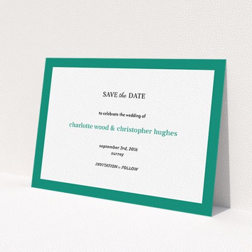A wedding save the date card called 'Laydown simple'. It is an A6 card in a landscape orientation. 'Laydown simple' is available as a flat card, with tones of green and white.