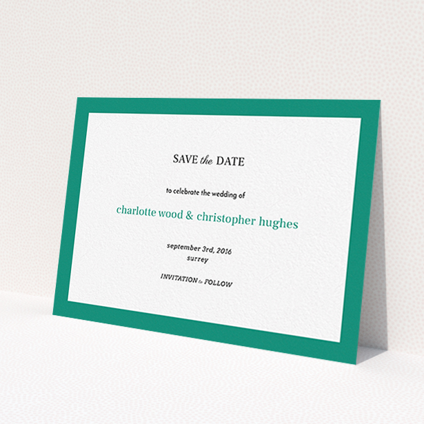 A wedding save the date card called "Laydown simple". It is an A6 card in a landscape orientation. "Laydown simple" is available as a flat card, with tones of green and white.