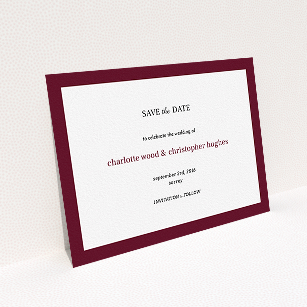 A wedding save the date card template titled "Laydown simple". It is an A6 card in a landscape orientation. "Laydown simple" is available as a flat card, with tones of burgundy and white.