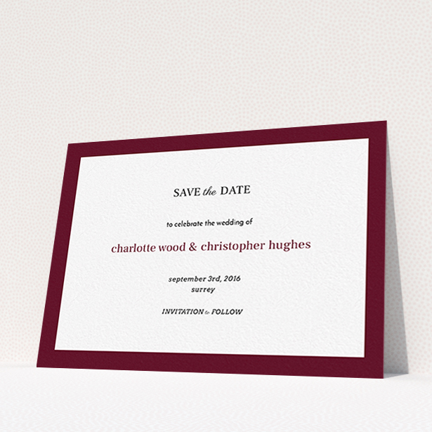 A wedding save the date card template titled "Laydown simple". It is an A6 card in a landscape orientation. "Laydown simple" is available as a flat card, with tones of burgundy and white.