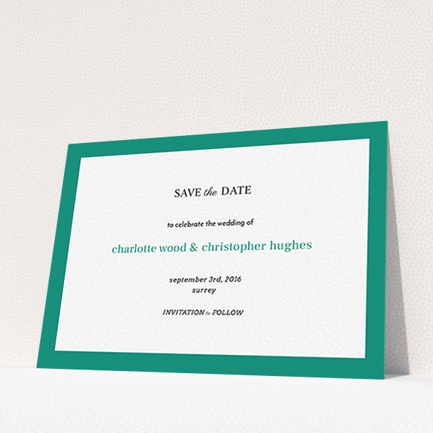 A wedding save the date card called "Laydown simple". It is an A6 card in a landscape orientation. "Laydown simple" is available as a flat card, with tones of green and white.