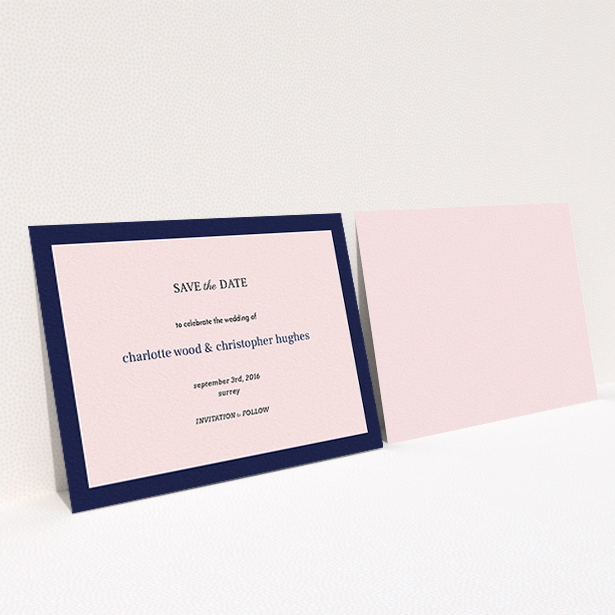 A wedding save the date card design named "Laydown simple". It is an A6 card in a landscape orientation. "Laydown simple" is available as a flat card, with tones of pink and navy blue.