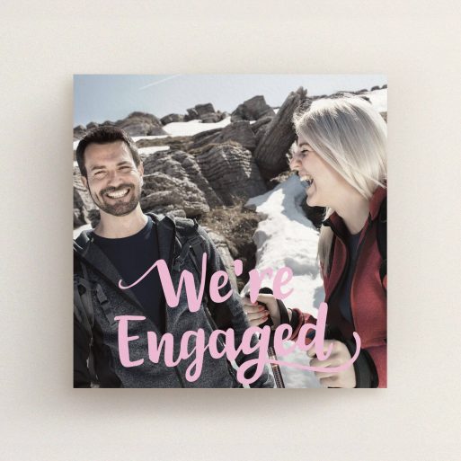 A wedding save the date card design called "Lively Typography". It is a square (148mm x 148mm) card in a square orientation. It is a photographic wedding save the date card with room for 1 photo. "Lively Typography" is available as a flat card, with mainly light pink colouring.