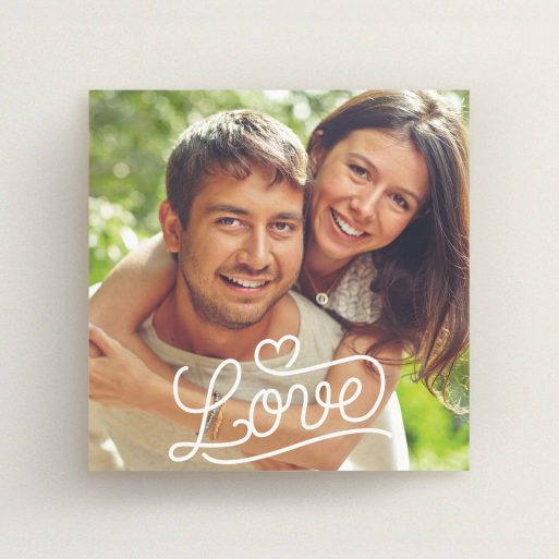 A wedding save the date card design titled "Love of Typography Photo". It is a square (148mm x 148mm) card in a square orientation. It is a photographic wedding save the date card with room for 1 photo. "Love of Typography Photo" is available as a flat card, with mainly white colouring.