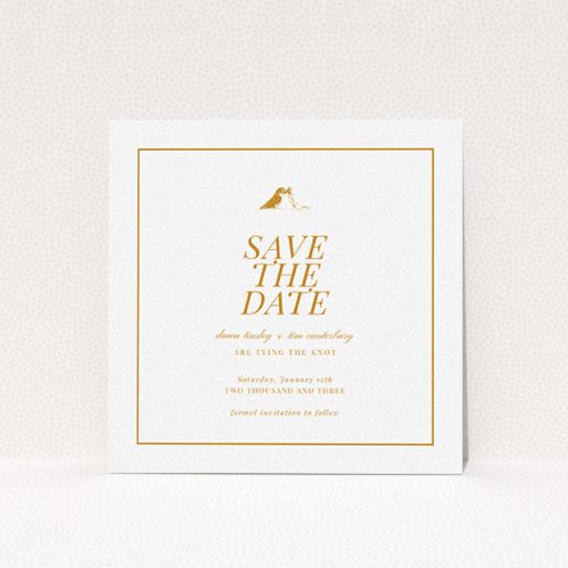 A wedding save the date card called "Lovebirds". It is a square (148mm x 148mm) card in a square orientation. "Lovebirds" is available as a flat card, with tones of white and orange.