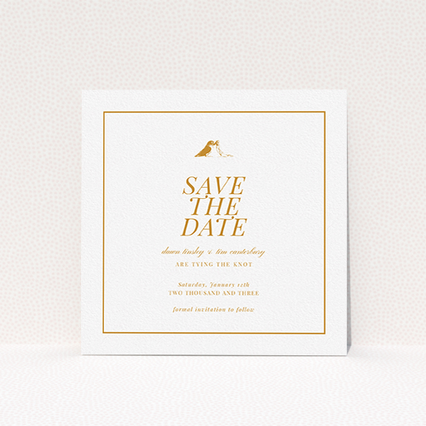 A wedding save the date card called "Lovebirds". It is a square (148mm x 148mm) card in a square orientation. "Lovebirds" is available as a flat card, with tones of white and orange.