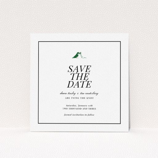 A wedding save the date card template titled "Lovebirds". It is a square (148mm x 148mm) card in a square orientation. "Lovebirds" is available as a flat card, with tones of white and Dark green.