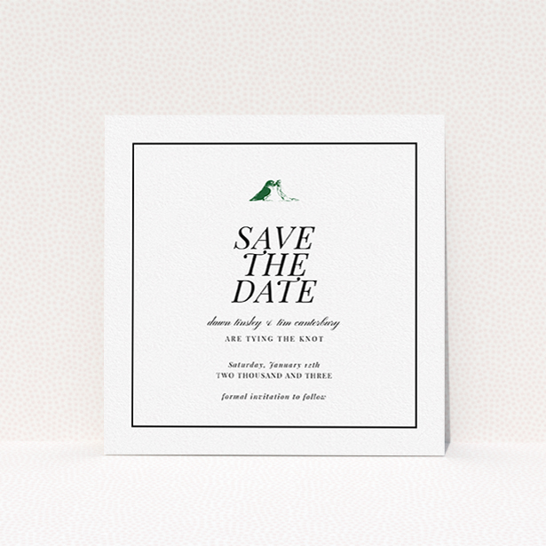 A wedding save the date card template titled "Lovebirds". It is a square (148mm x 148mm) card in a square orientation. "Lovebirds" is available as a flat card, with tones of white and Dark green.