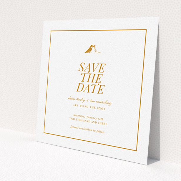 A wedding save the date card called "Lovebirds". It is a square (148mm x 148mm) card in a square orientation. "Lovebirds" is available as a flat card, with tones of white and orange.