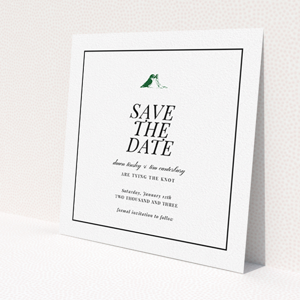 A wedding save the date card template titled "Lovebirds". It is a square (148mm x 148mm) card in a square orientation. "Lovebirds" is available as a flat card, with tones of white and Dark green.