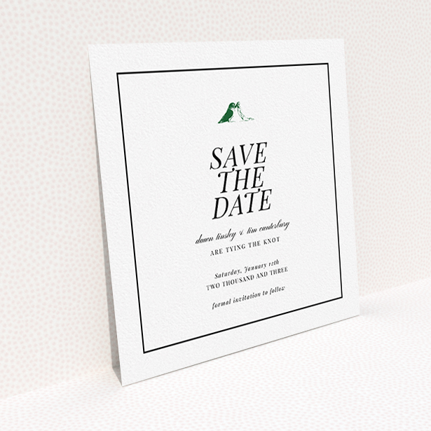 A wedding save the date card template titled "Lovebirds". It is a square (148mm x 148mm) card in a square orientation. "Lovebirds" is available as a flat card, with tones of white and Dark green.