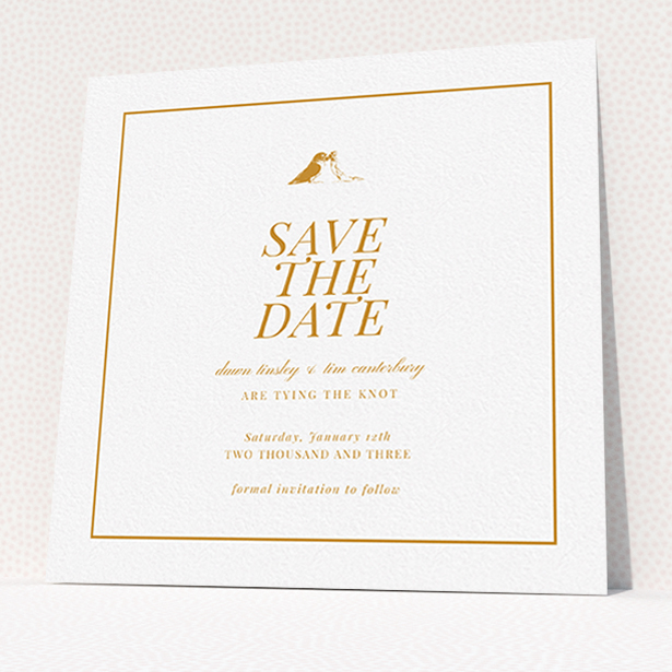 A wedding save the date card called "Lovebirds". It is a square (148mm x 148mm) card in a square orientation. "Lovebirds" is available as a flat card, with tones of white and orange.