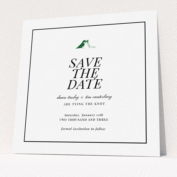 A wedding save the date card template titled "Lovebirds". It is a square (148mm x 148mm) card in a square orientation. "Lovebirds" is available as a flat card, with tones of white and Dark green.