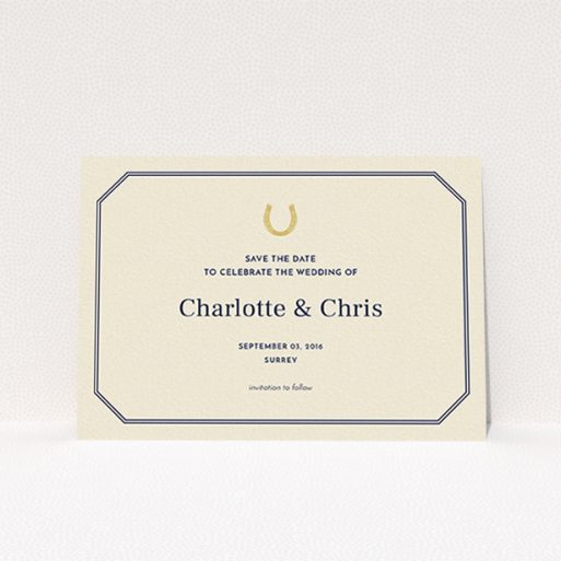 A wedding save the date card design called "Lucky horse shoe". It is an A6 card in a landscape orientation. "Lucky horse shoe" is available as a flat card, with tones of cream and gold.