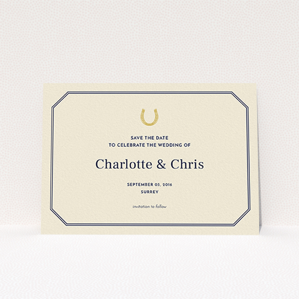 A wedding save the date card design called "Lucky horse shoe". It is an A6 card in a landscape orientation. "Lucky horse shoe" is available as a flat card, with tones of cream and gold.
