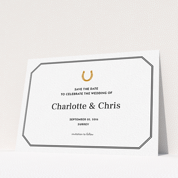 A wedding save the date card template titled "Lucky horse shoe". It is an A6 card in a landscape orientation. "Lucky horse shoe" is available as a flat card, with tones of black and white.