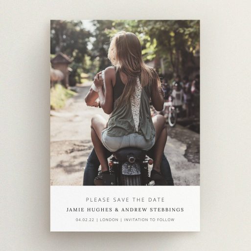 A wedding save the date card named "Maddox Street". It is an A5 card in a portrait orientation. It is a photographic wedding save the date card with room for 1 photo. "Maddox Street" is available as a flat card, with mainly white colouring.