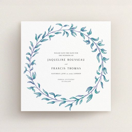 A wedding save the date card named "Marine Wreath". It is a square (148mm x 148mm) card in a square orientation. "Marine Wreath" is available as a flat card, with tones of blue and green.