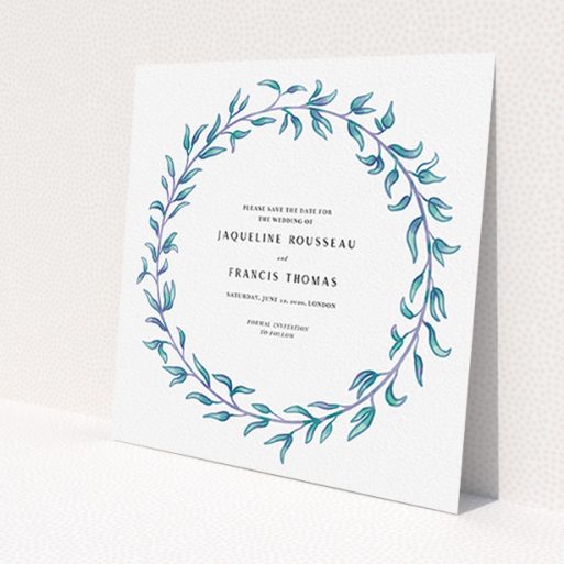 A wedding save the date card named 'Marine Wreath'. It is a square (148mm x 148mm) card in a square orientation. 'Marine Wreath' is available as a flat card, with tones of blue and green.
