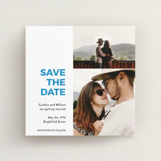 A wedding save the date card named "Me plus you". It is a square (148mm x 148mm) card in a square orientation. It is a photographic wedding save the date card with room for 2 photos. "Me plus you" is available as a flat card, with tones of white and blue.
