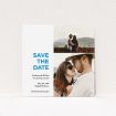 A wedding save the date card named "Me plus you". It is a square (148mm x 148mm) card in a square orientation. It is a photographic wedding save the date card with room for 2 photos. "Me plus you" is available as a flat card, with tones of white and blue.