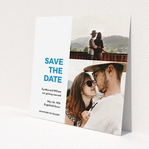 A wedding save the date card named 'Me plus you'. It is a square (148mm x 148mm) card in a square orientation. It is a photographic wedding save the date card with room for 2 photos. 'Me plus you' is available as a flat card, with tones of white and blue.