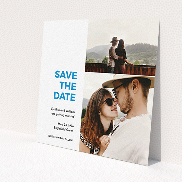 A wedding save the date card named "Me plus you". It is a square (148mm x 148mm) card in a square orientation. It is a photographic wedding save the date card with room for 2 photos. "Me plus you" is available as a flat card, with tones of white and blue.